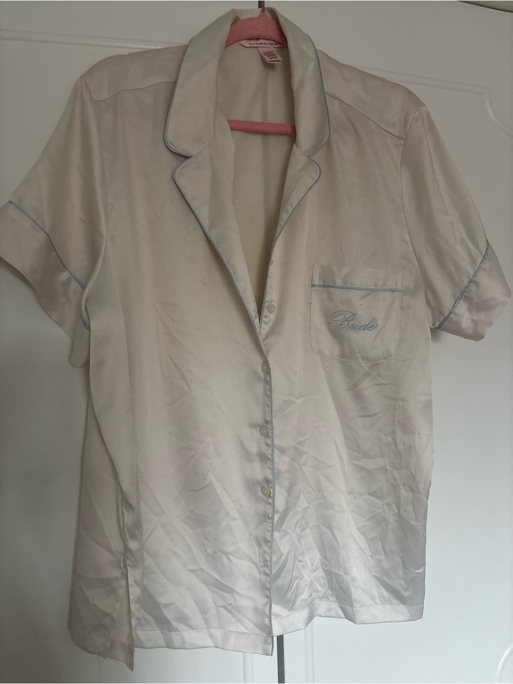 Victoria's Secret Cream Short Sleeve Satin Pajama Top with Blue Piping